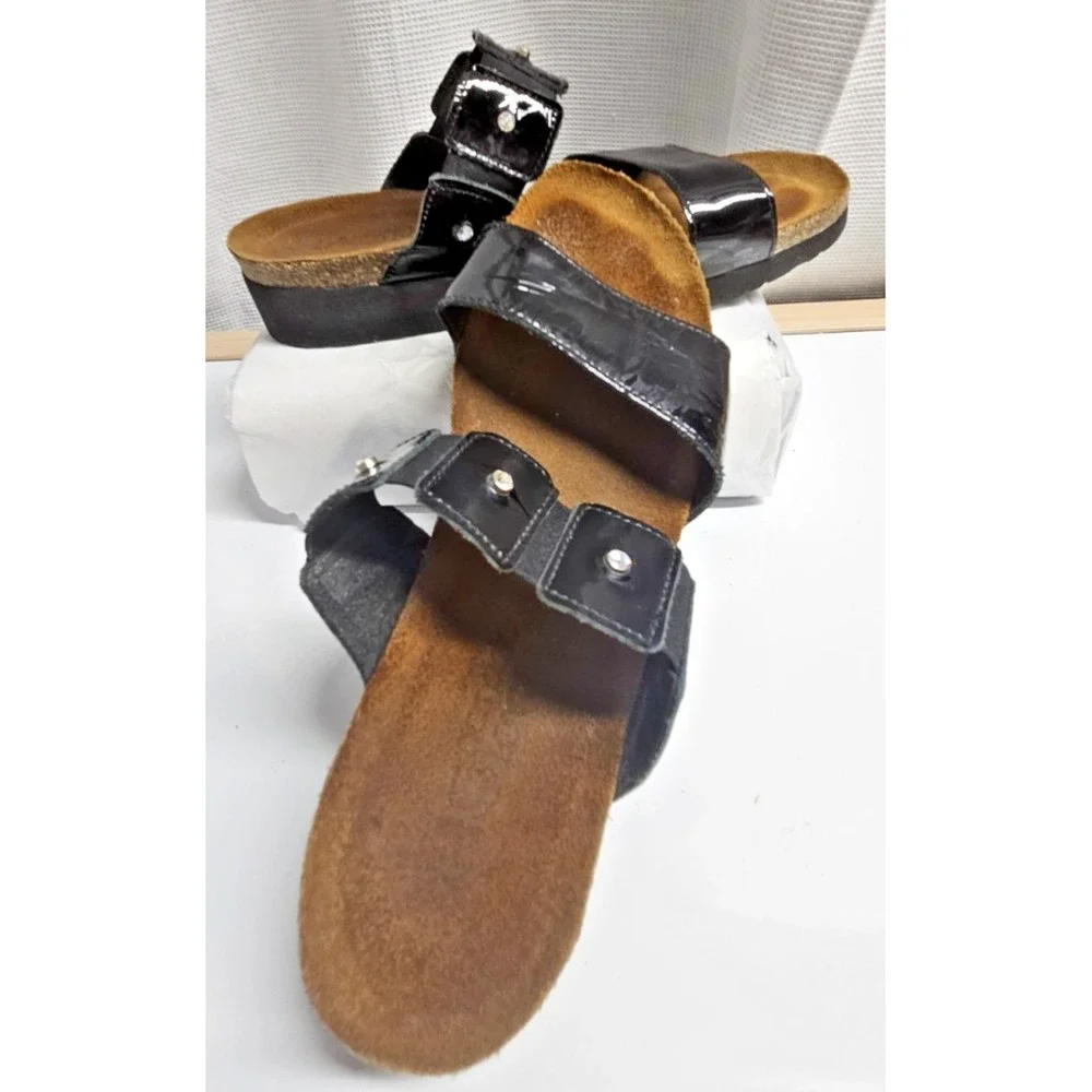 Naot Black patent leather ashley two strap rhinestones cork sandals Sz 39/L8‎